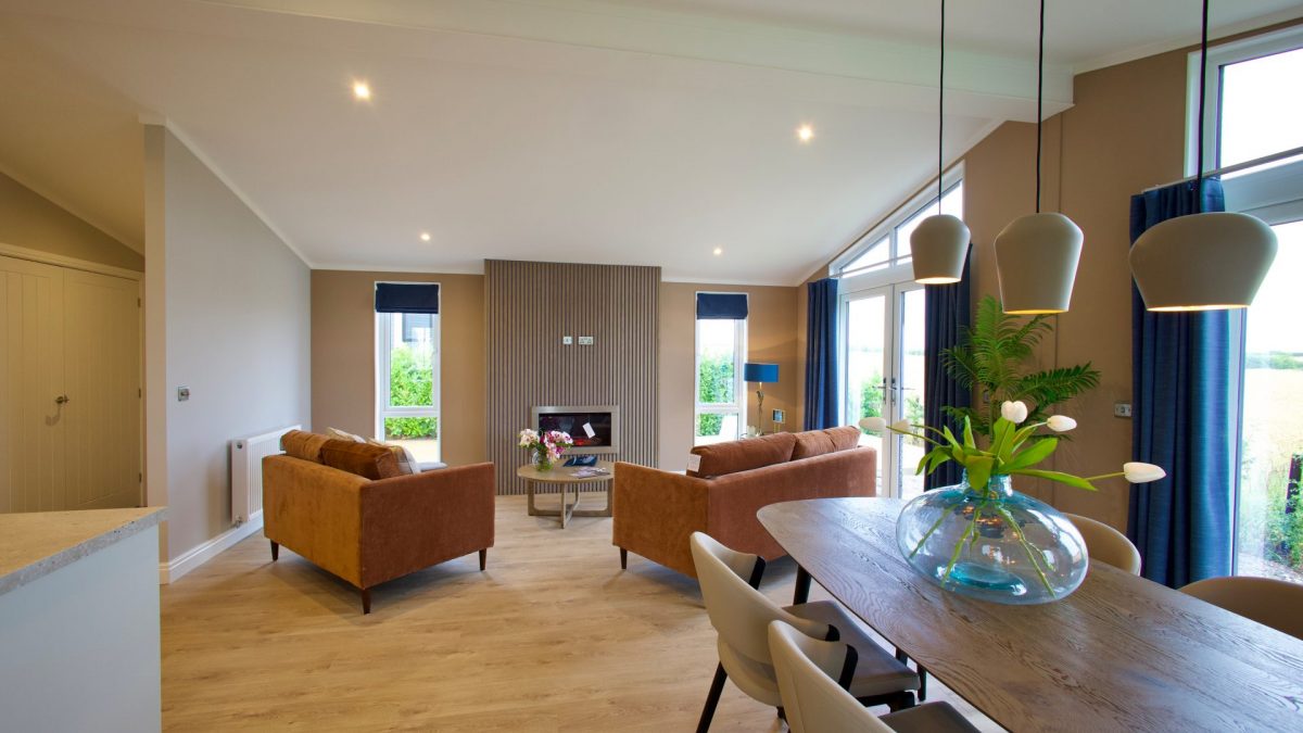 Lusso Homes harbur park home living room with a modern electric fireplace